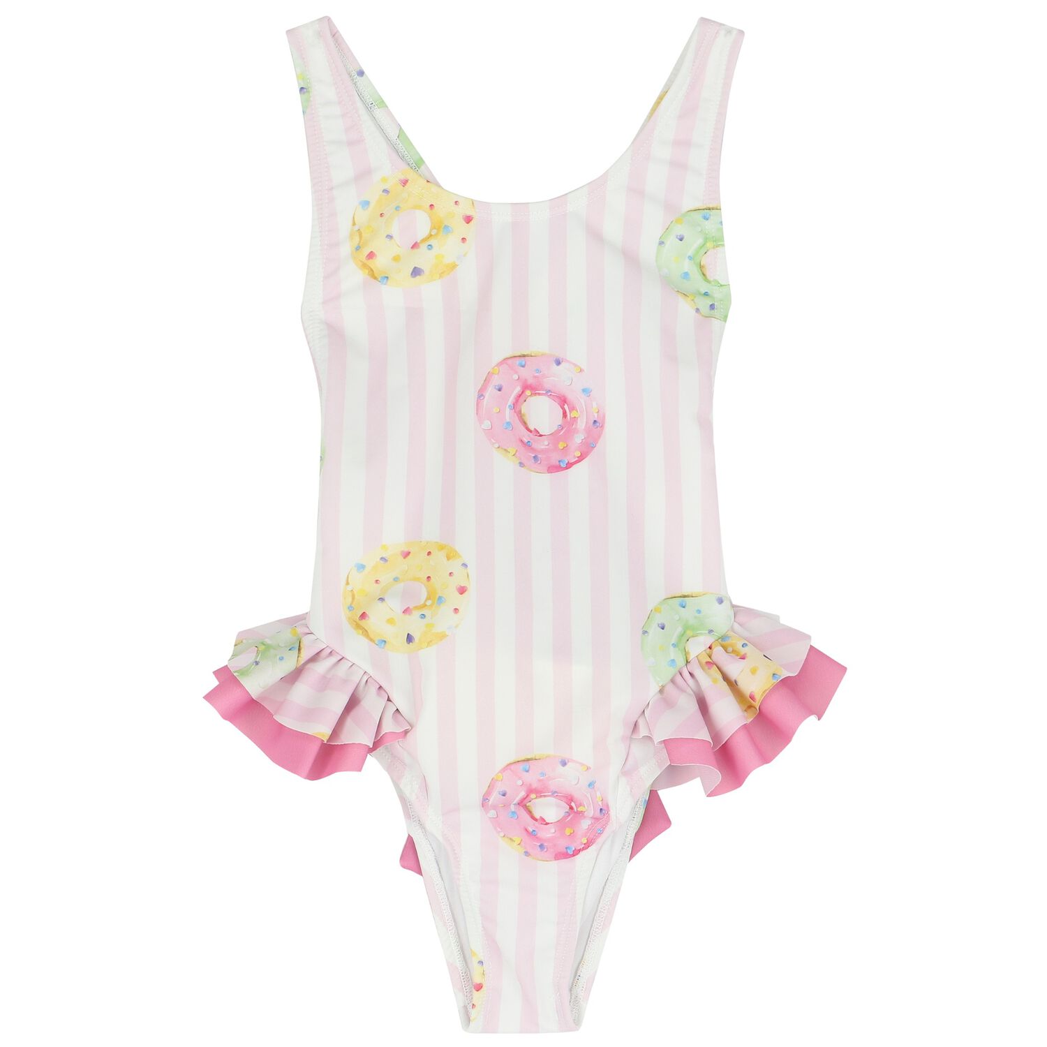 Girls White & Pink Striped Donuts Swimsuit, 1, hi-res