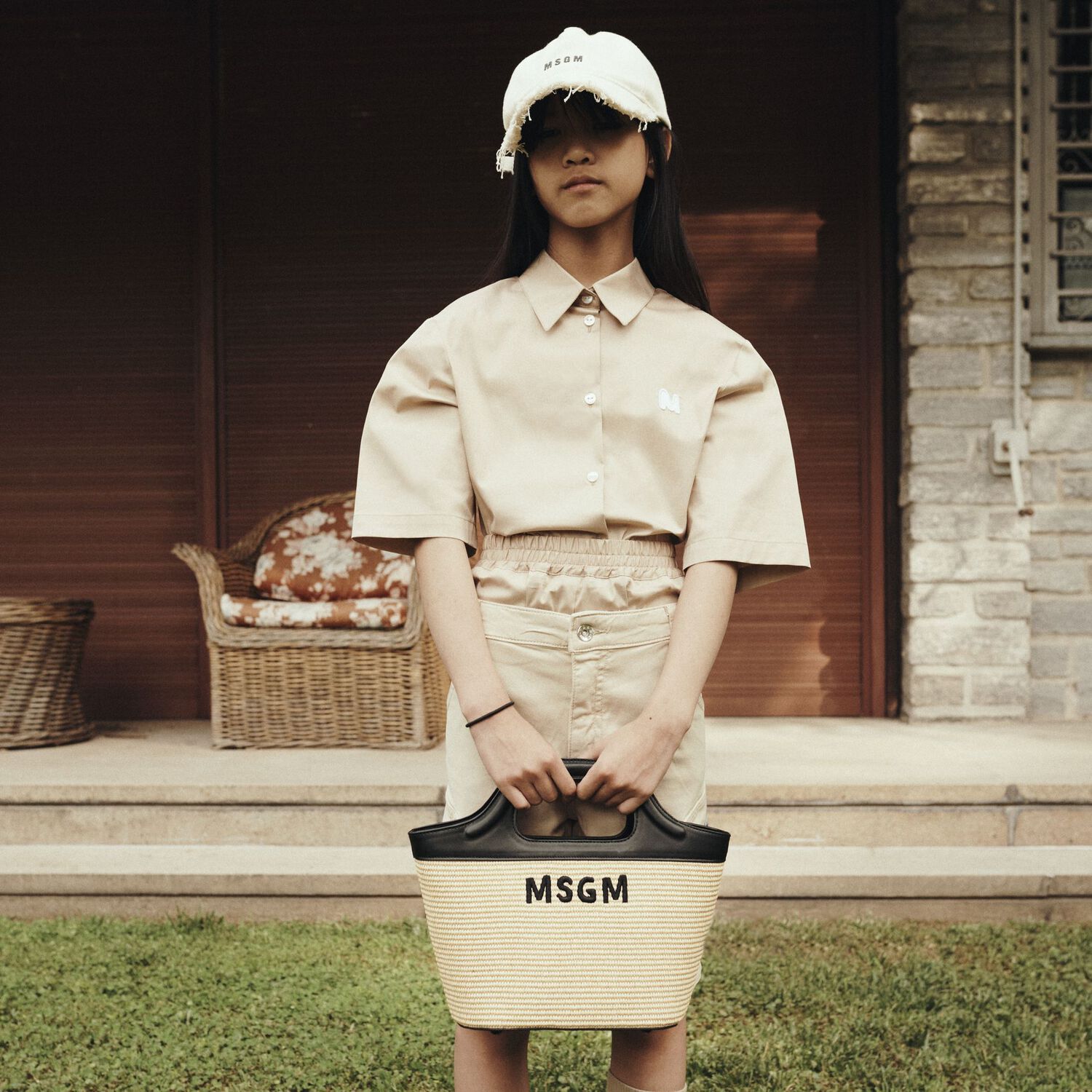 Girls Beige & Black Straw Handbag, 1, hi-res