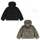 Girls Black & Silver Reversible Puffer Jacket, 1, hi-res