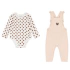 Baby Girls White & Beige Logo Dungaree Set, 1, hi-res