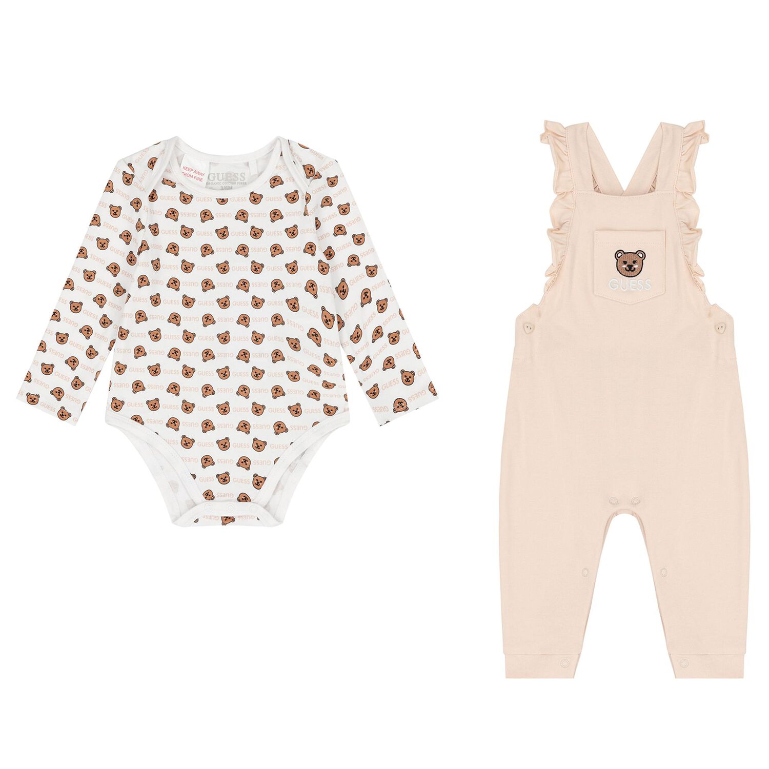 Baby Girls White & Beige Logo Dungaree Set, 1, hi-res