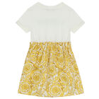 Girls Ivory & Gold Barocco Logo Dress, 1, hi-res