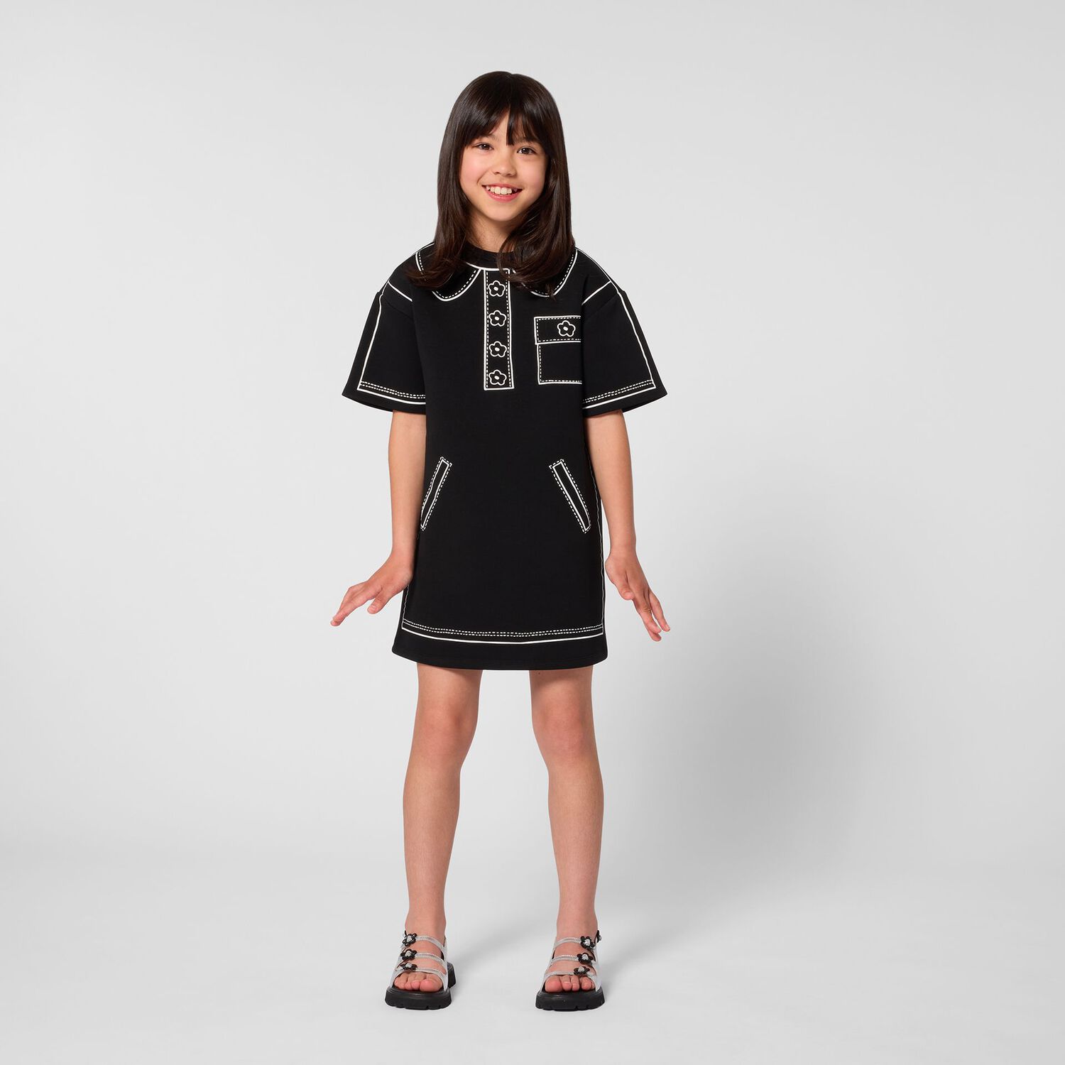 Girls Black Printed Dress, 1, hi-res
