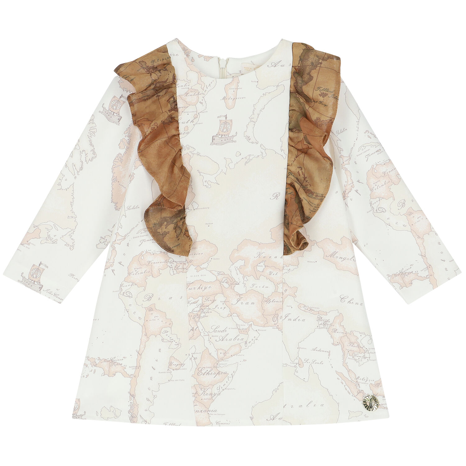 Girls Ivory & Beige Geo Map Dress, 1, hi-res