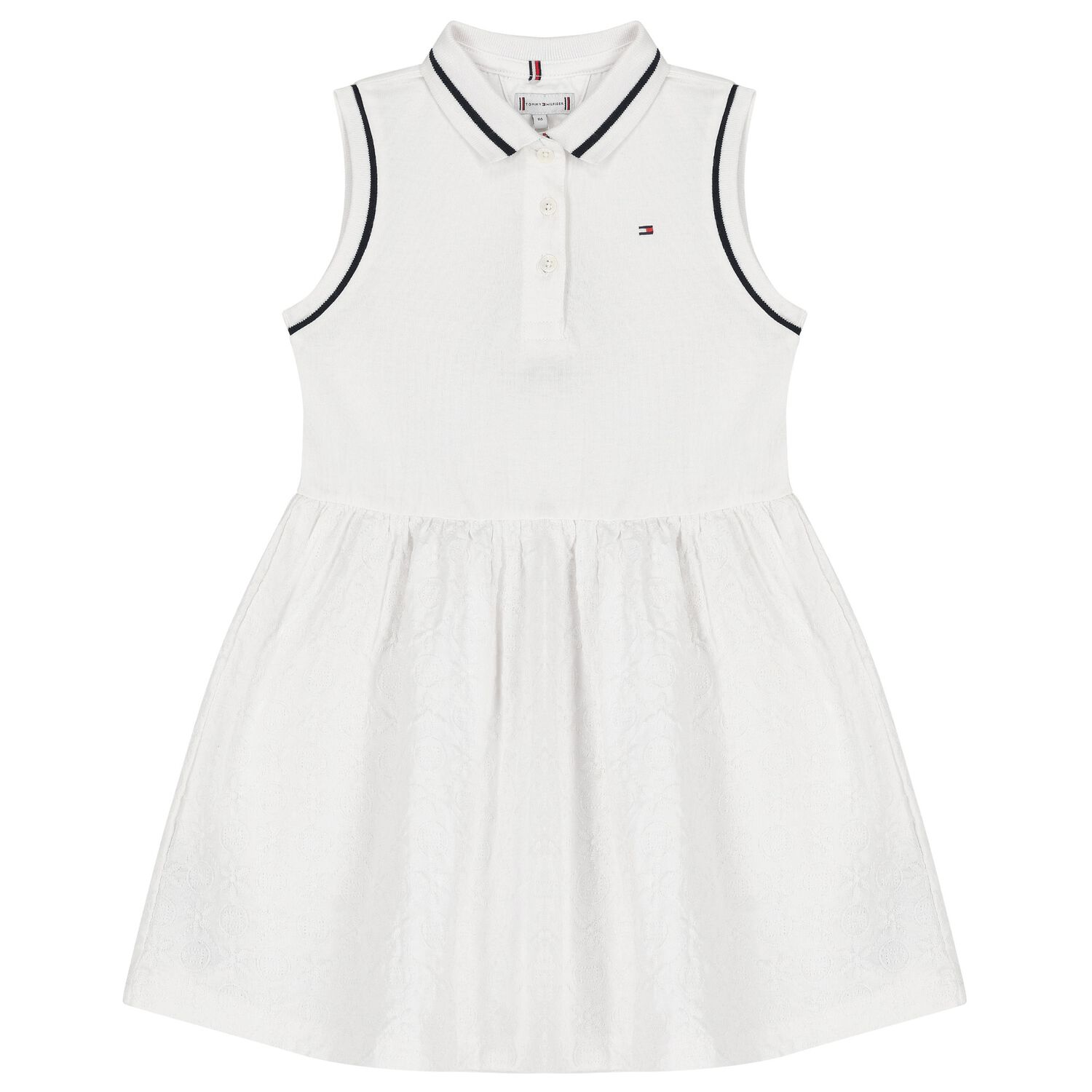Girls White Cotton Broderie Polo Dress, 2, hi-res