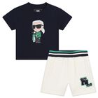 Younger Boys Navy Blue & Ivory Logo Shorts set, 1, hi-res