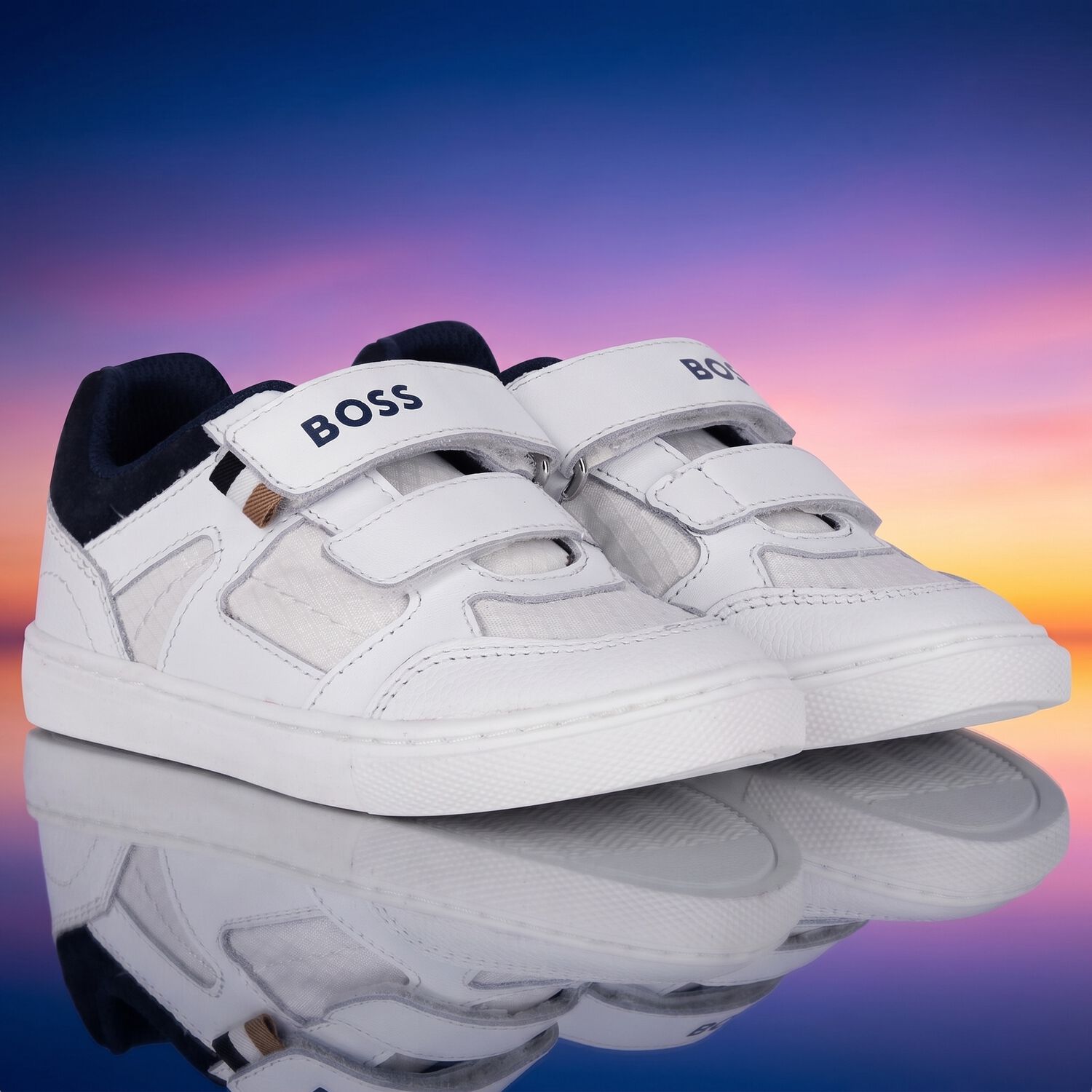 Boys White & Navy Blue Logo Trainers, 2, hi-res