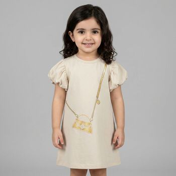 Younger Girls Beige Bag Logo Dress