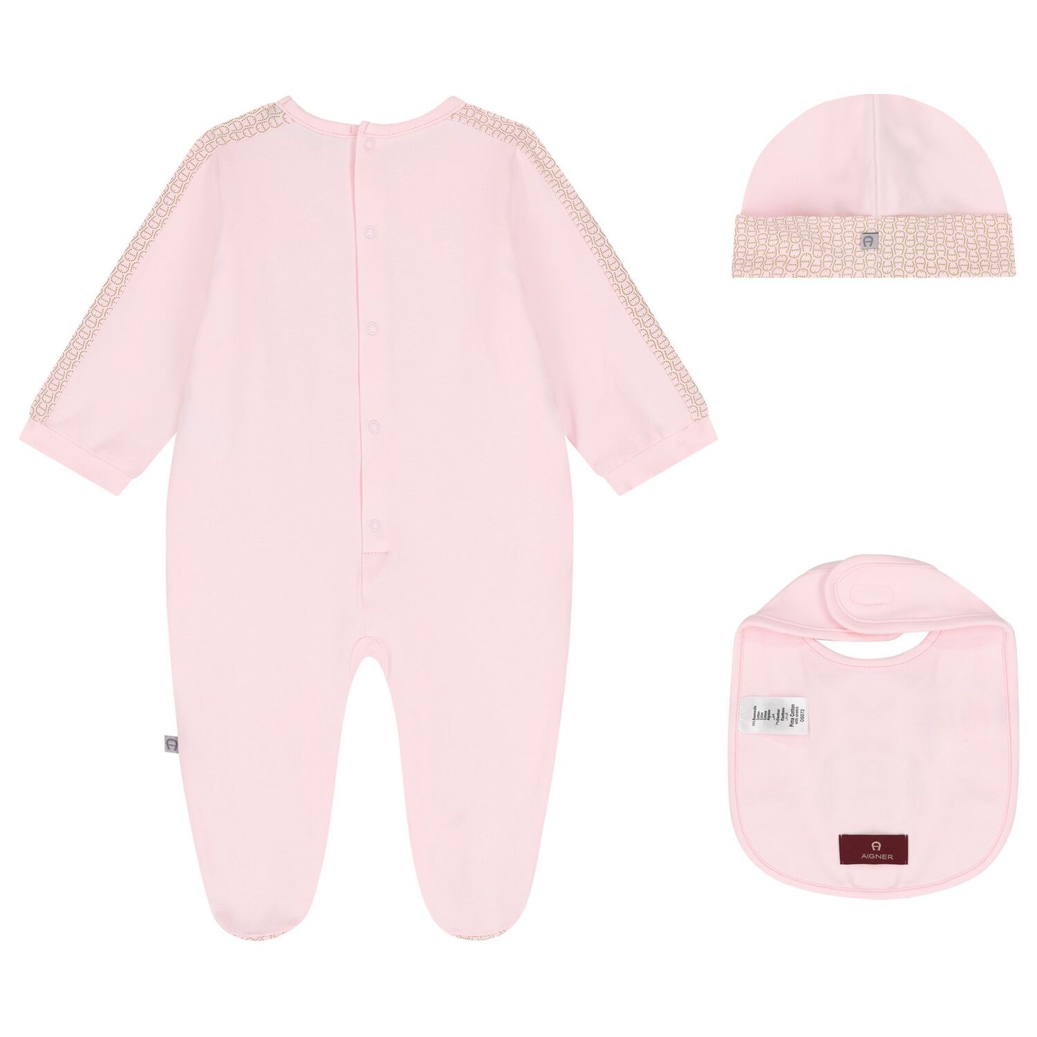 Baby Girls Pink & Gold Logo Babygrow Hat & Bib Gift Set, 1, hi-res