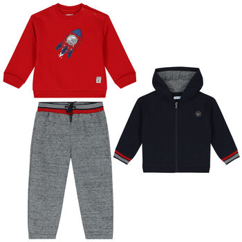 Younger Boys Red, Navy Blue & Grey 3 Piece Tracksuit