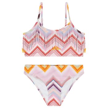 Girls Pink Logo Zig Zag Fringed Bikini