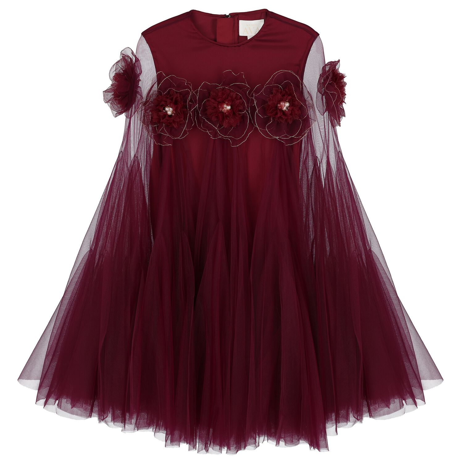Girls Maroon Flower Cape Tulle Dress, 1, hi-res