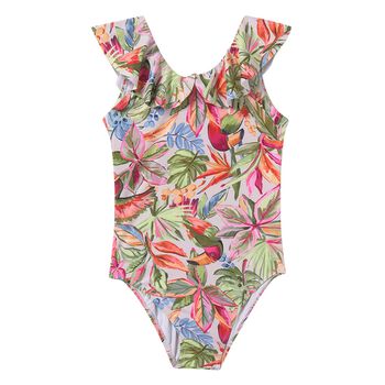 Girls Green & Pink Tropical Ruffled Swimsuit