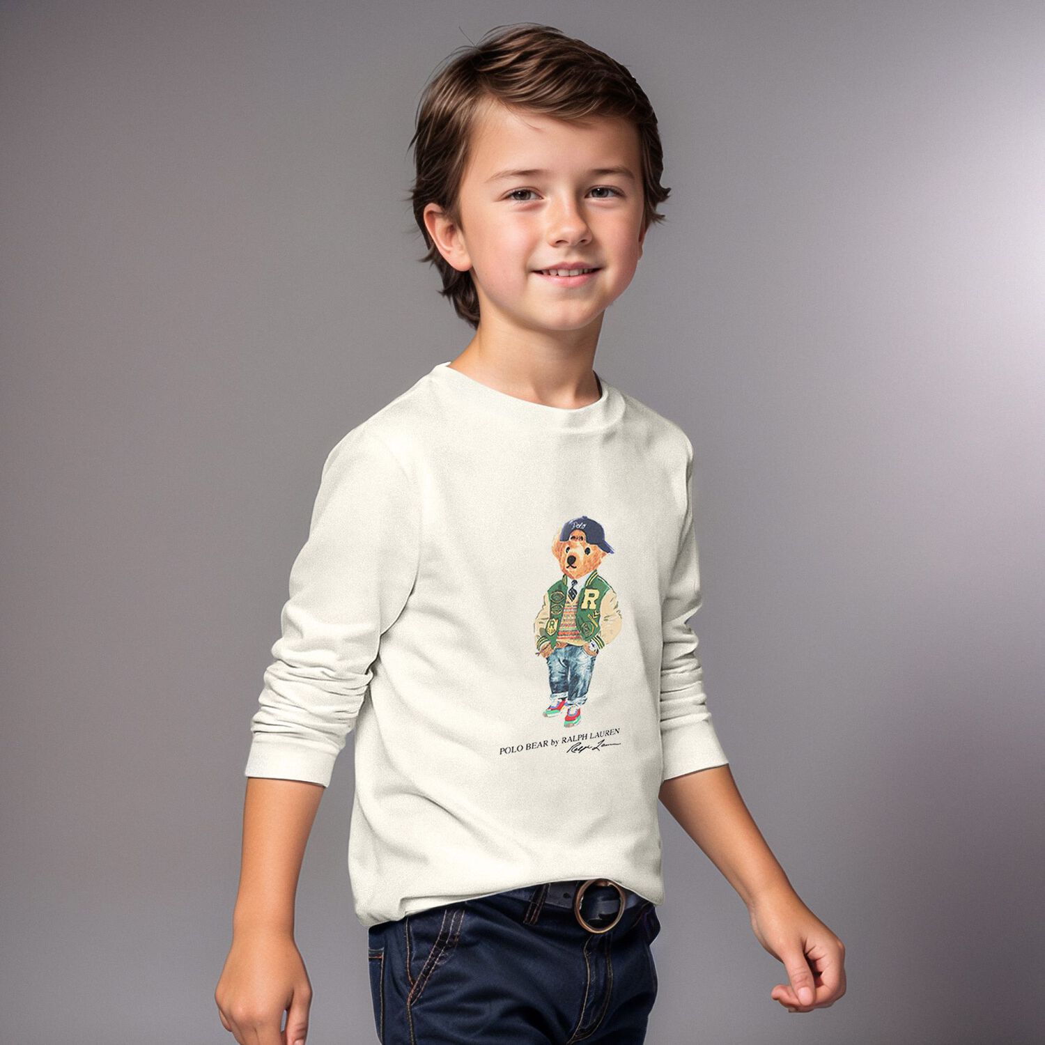 Boys Ivory Polo Bear Long Sleeve Top, 1, hi-res
