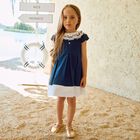 Girls Navy Blue Ruffled Collar Pleated Dress, 1, hi-res