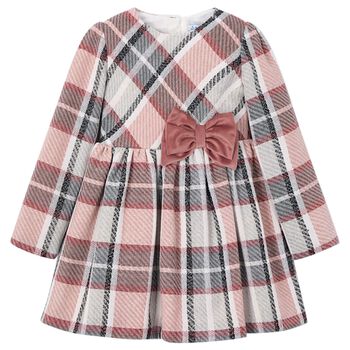 Girls Pink & Ivory Bow Checked Dress