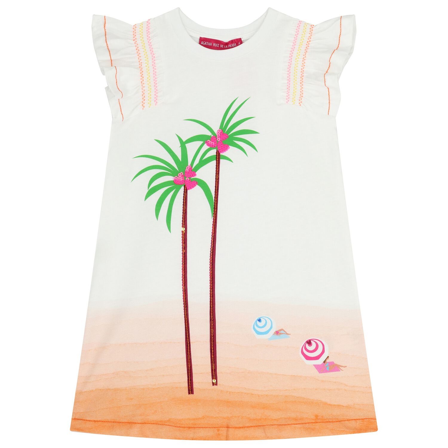 Girls White & Orange Palm Tree Dress, 1, hi-res