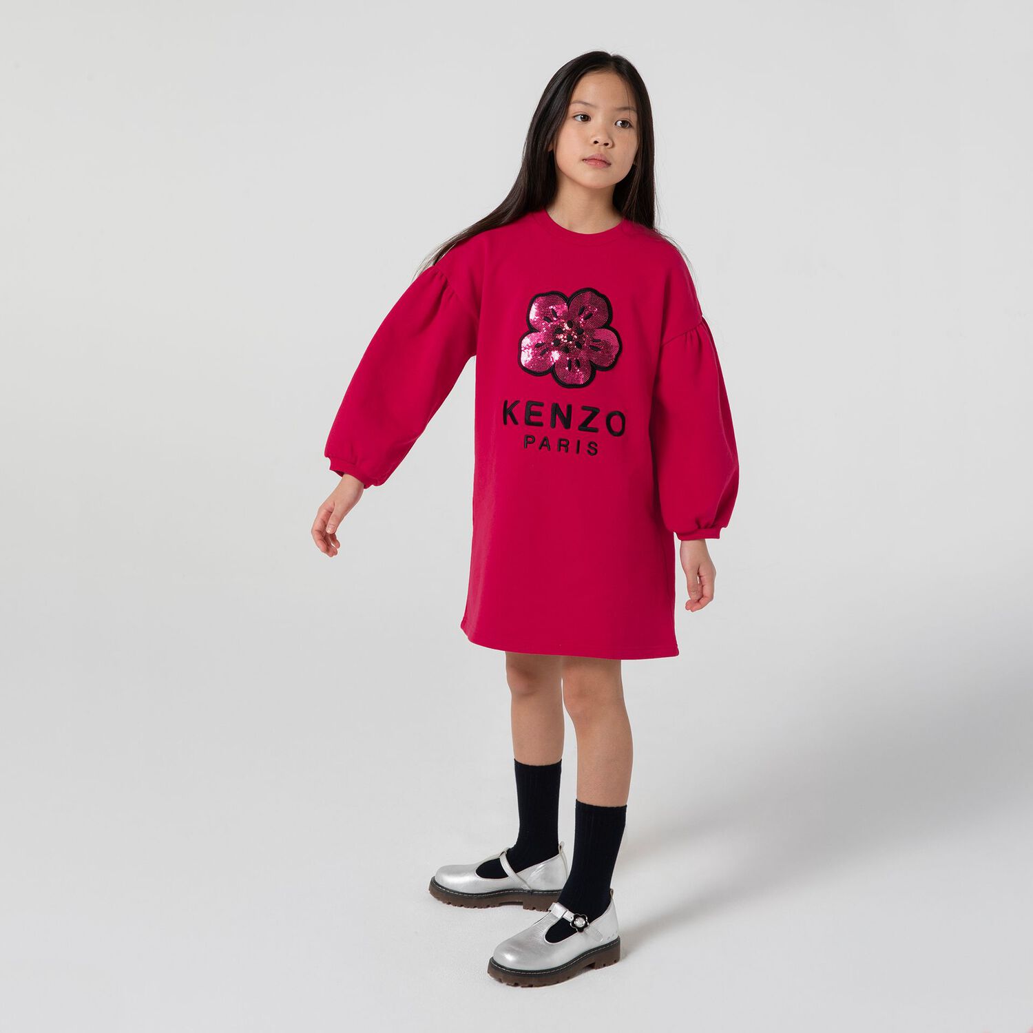 Girls Pink Logo Flower Sweatshirt Dress, 1, hi-res
