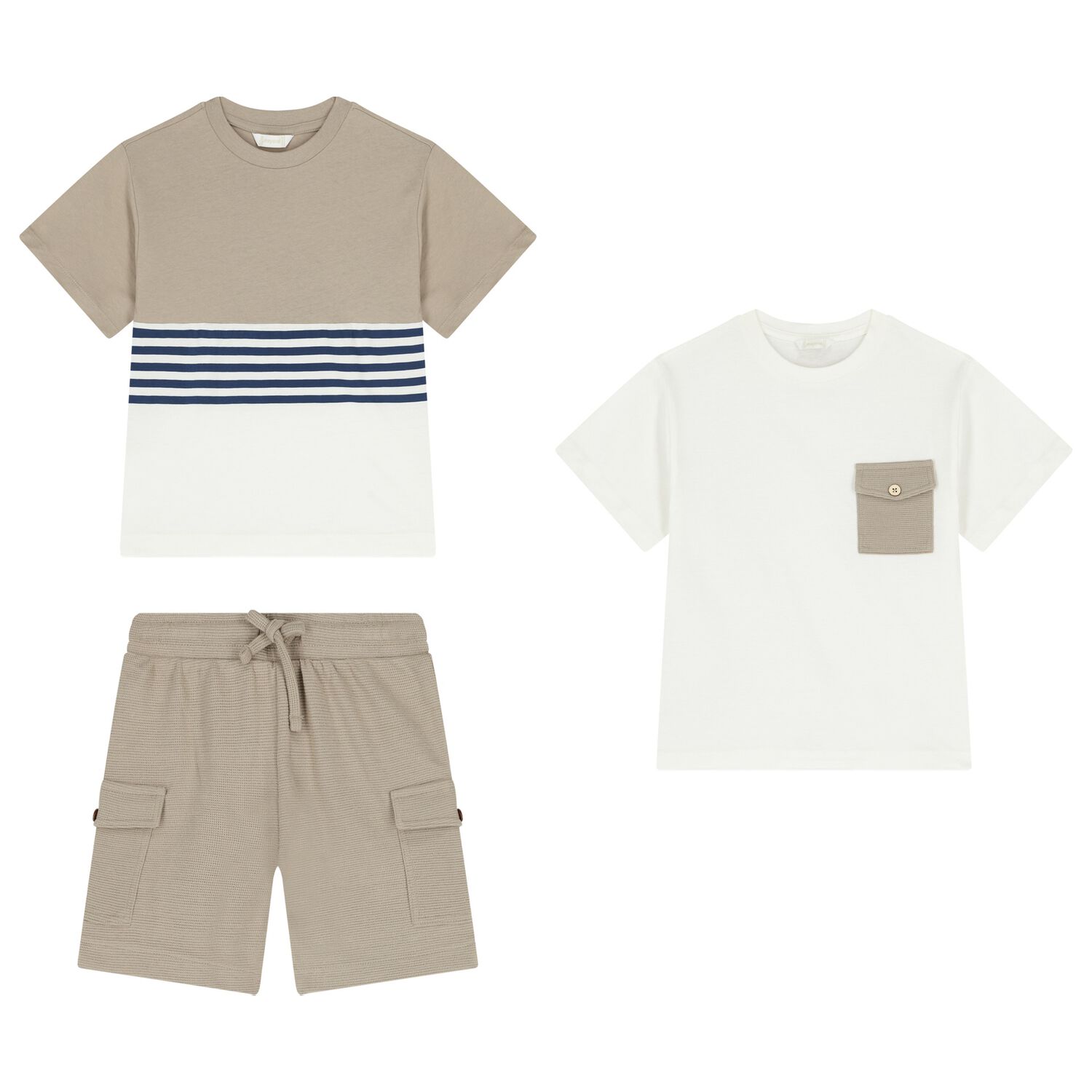 Boys White & Beige Shorts Set, 1, hi-res