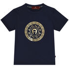 Younger Boys Navy Blue & Gold Logo T-Shirt, 2, hi-res