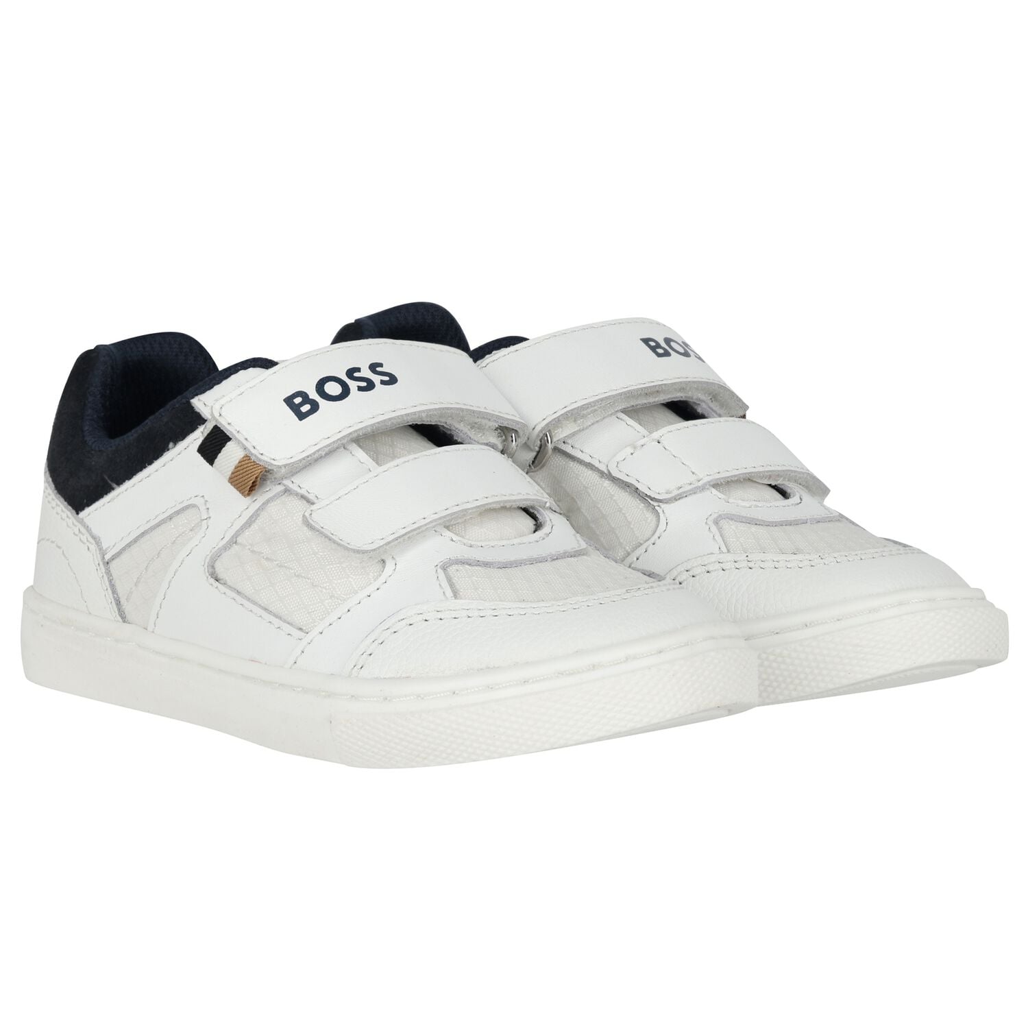 Boys White & Navy Blue Logo Trainers, 2, hi-res