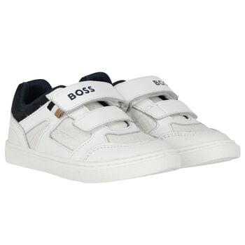Boys White & Navy Blue Logo Trainers