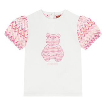 Younger Girls White & Pink Teddy Bear Zig Zag T-Shirt