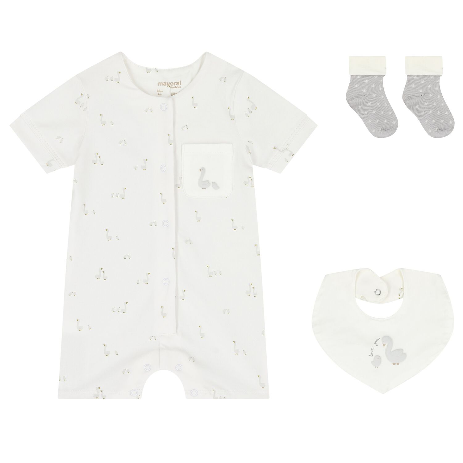 White Baby Romper, Bib & Socks Set, 1, hi-res