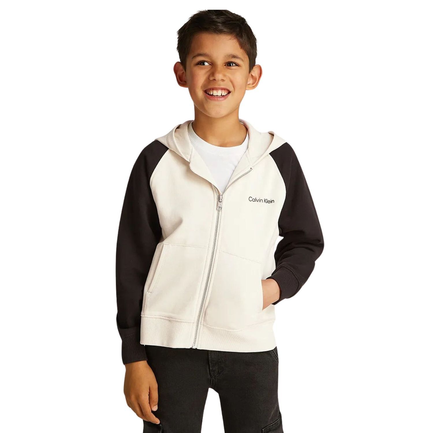 Boys Ivory & Black Logo Hooded Zip Up Top, 1, hi-res image number null