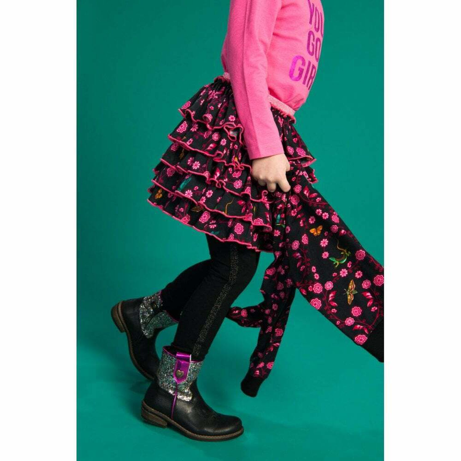 Girls Black & Pink Jersey Skirt, 1, hi-res