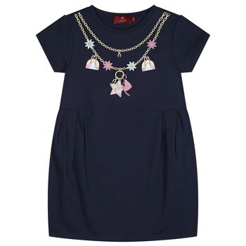 Girls Navy Blue Necklace Logo Dress