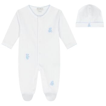 Baby Boys White & Blue Teddy Bear Babygrow Gift Set