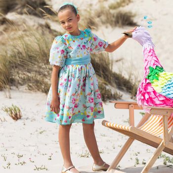 Girls Aqua Floral Chiffon Dress