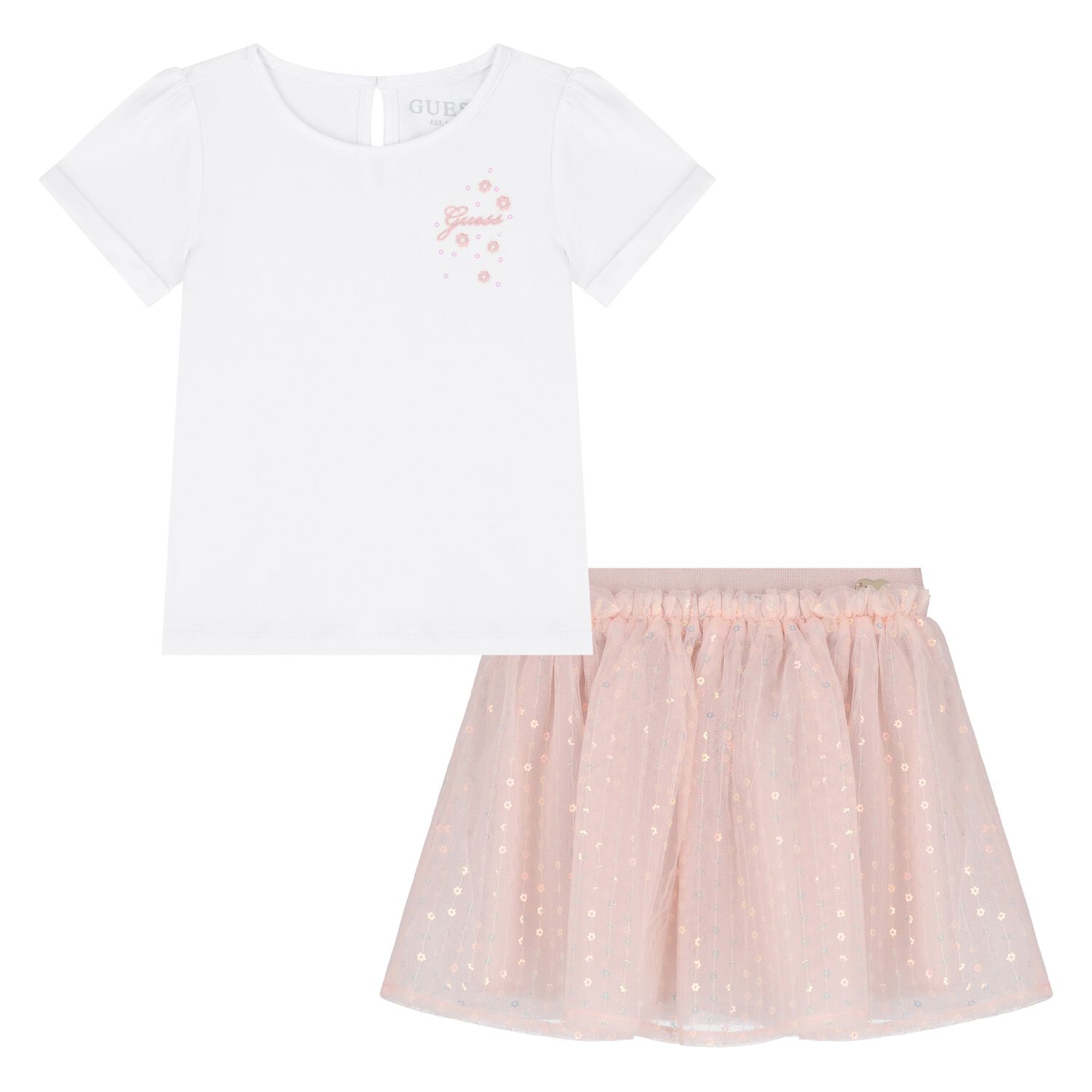 Younger Girls White & Pink Sequin Tulle Skirt Set, 1, hi-res