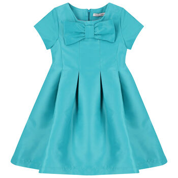 Girls Turquoise Satin Bow Dress