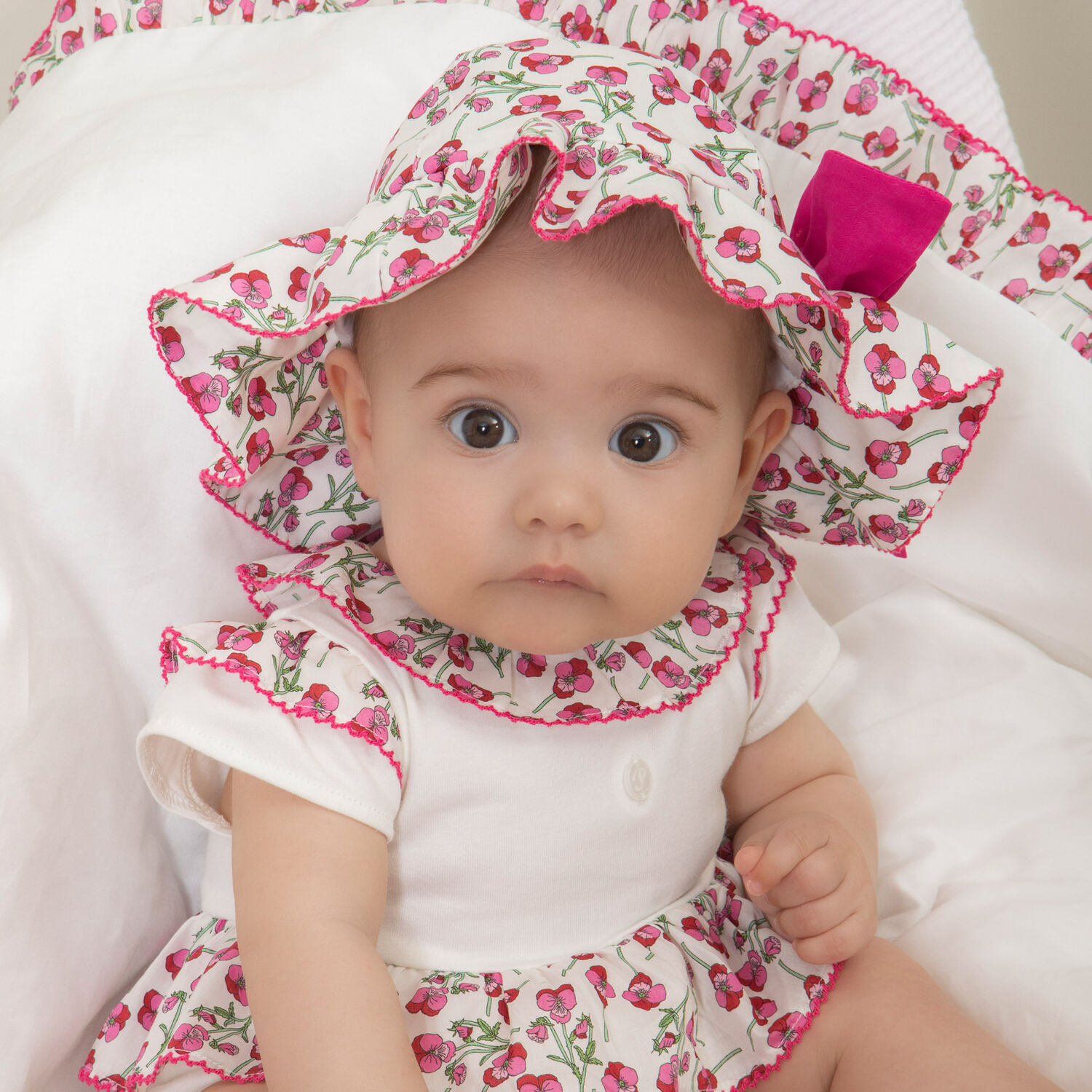 Baby Girls White Floral Hat, 1, hi-res