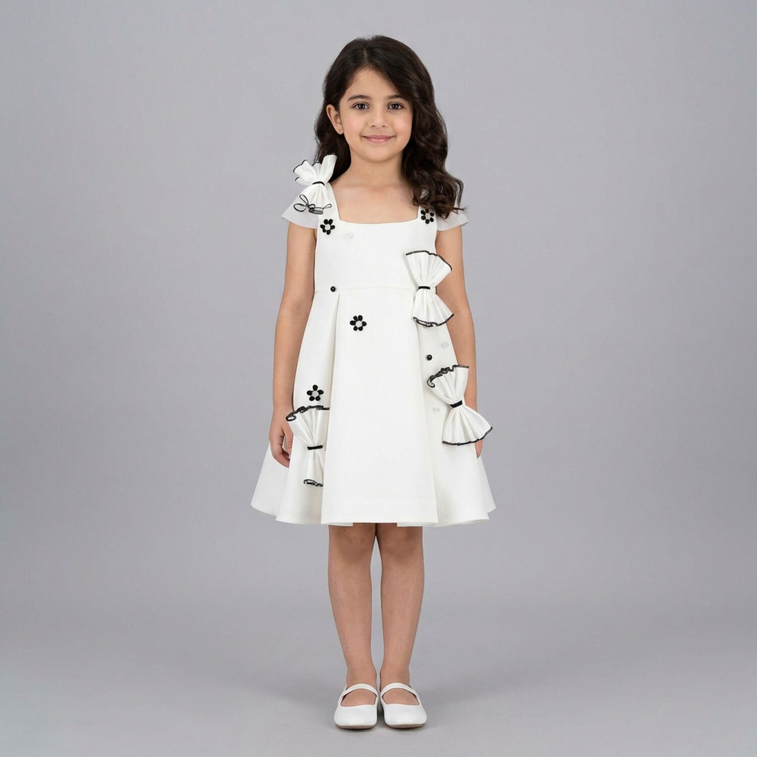 Girls White Bow & Flower Dress, 1, hi-res