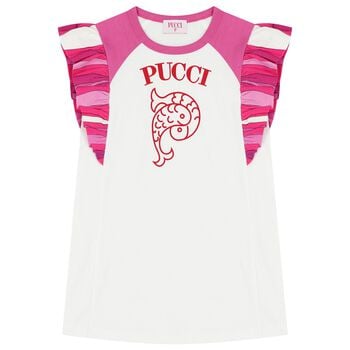 Girls White & Pink Logo Ruffled Dress