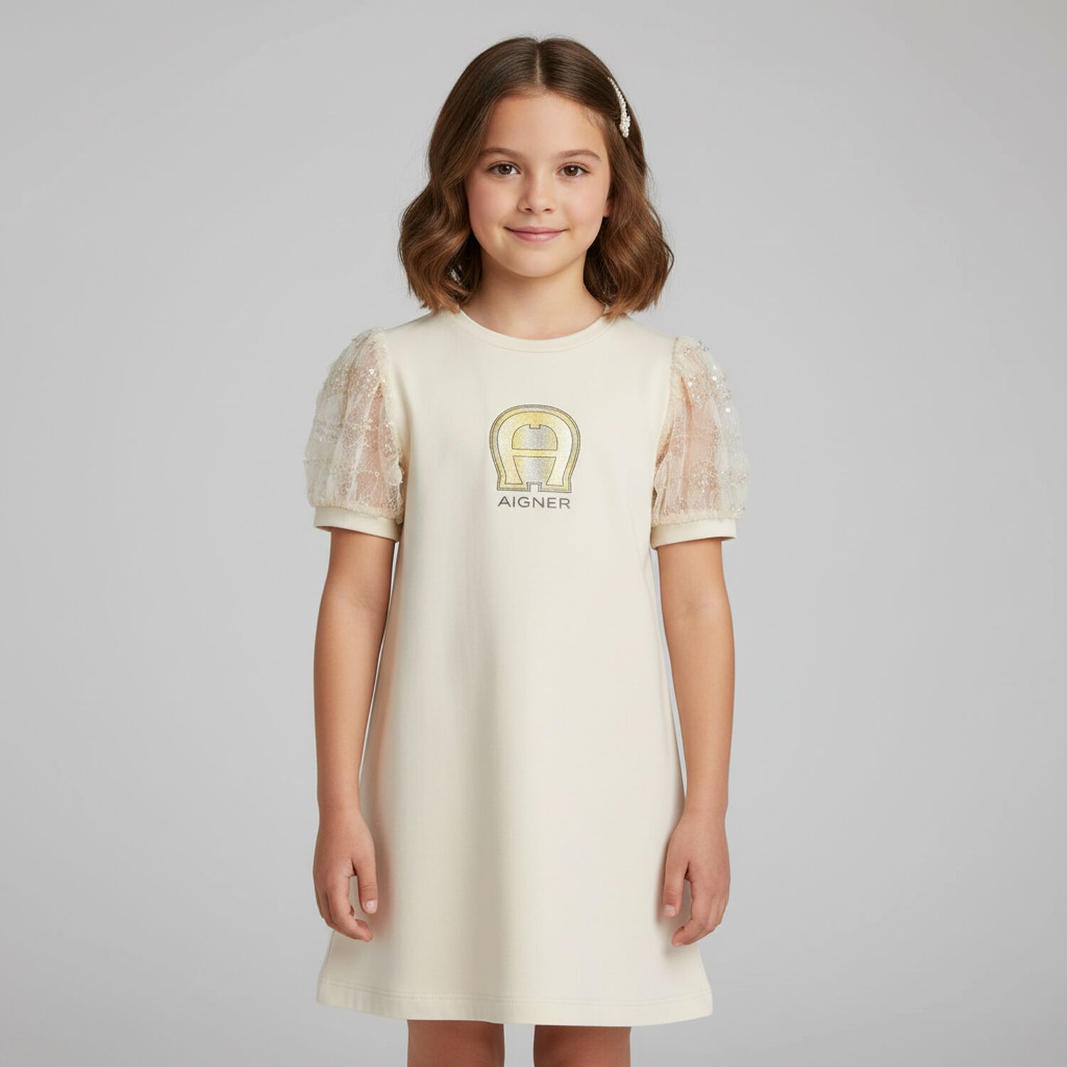 Girls Beige & Gold Logo Dress, 1, hi-res
