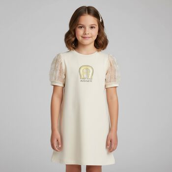 Girls Beige & Gold Logo Dress