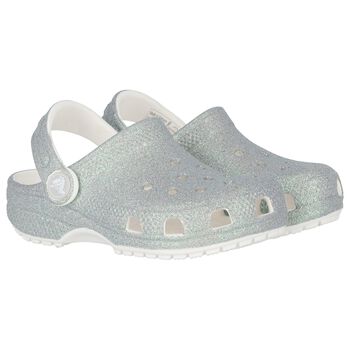 Girls Silver Iridescent Glitter Classic Clogs Sandals