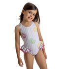Girls White & Pink Striped Donuts Swimsuit, 1, hi-res