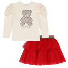 Girls Ivory & Red Teddy Skirt Set, 1, hi-res