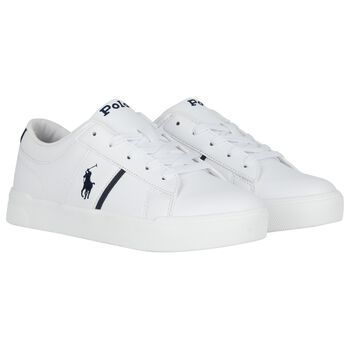 Boys White & Navy Blue Logo Trainers