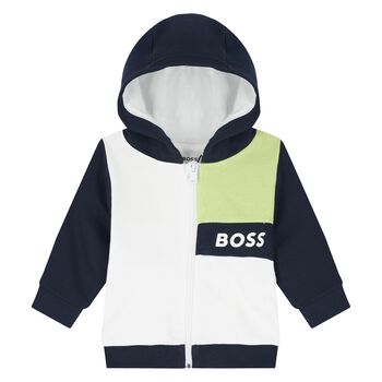 Younger Boys White & Navy Blue Logo Hooded Zip Up Top
