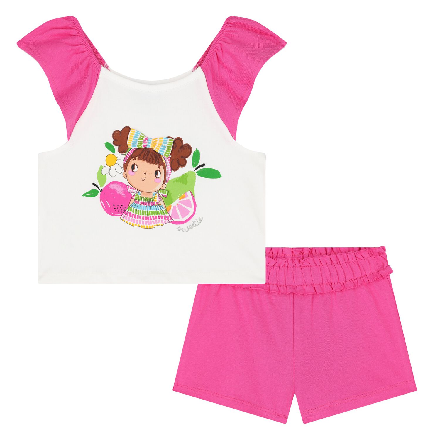 Younger Girls White & Pink Shorts Set, 1, hi-res
