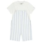 Baby Boys White & Blue Striped Logo Dungaree Set, 2, hi-res