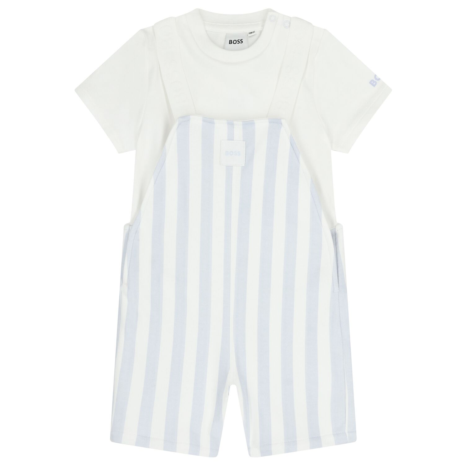Baby Boys White & Blue Striped Logo Dungaree Set, 2, hi-res