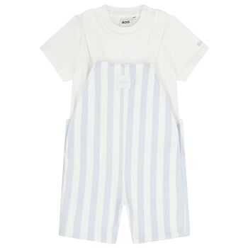 Baby Boys White & Blue Striped Logo Dungaree Set