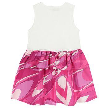 Girls White & Pink Logo Flared Dress 